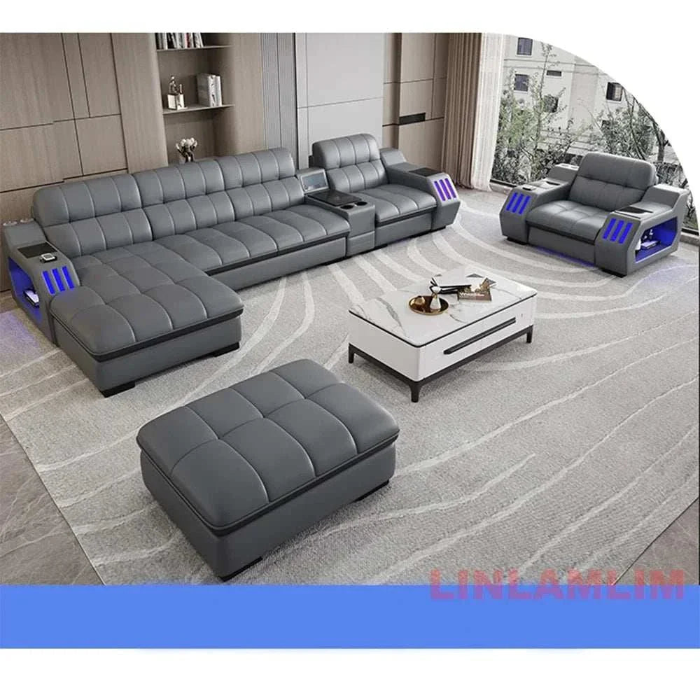 Modern sectional sofa bed in gray leather with LED lights, electric recliner, and massage function in a stylish living room setting