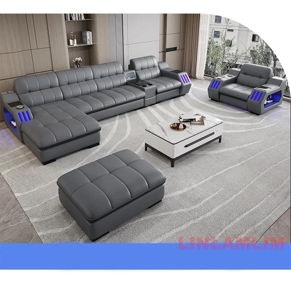 Modern Sectional Sofa Bed with LED Light, Electric Recliner and Massage