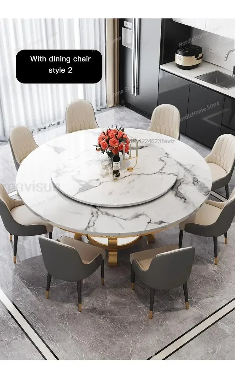 Modern marble glass dining table set with eight stylish chairs and a floral centerpiece in a contemporary kitchen.