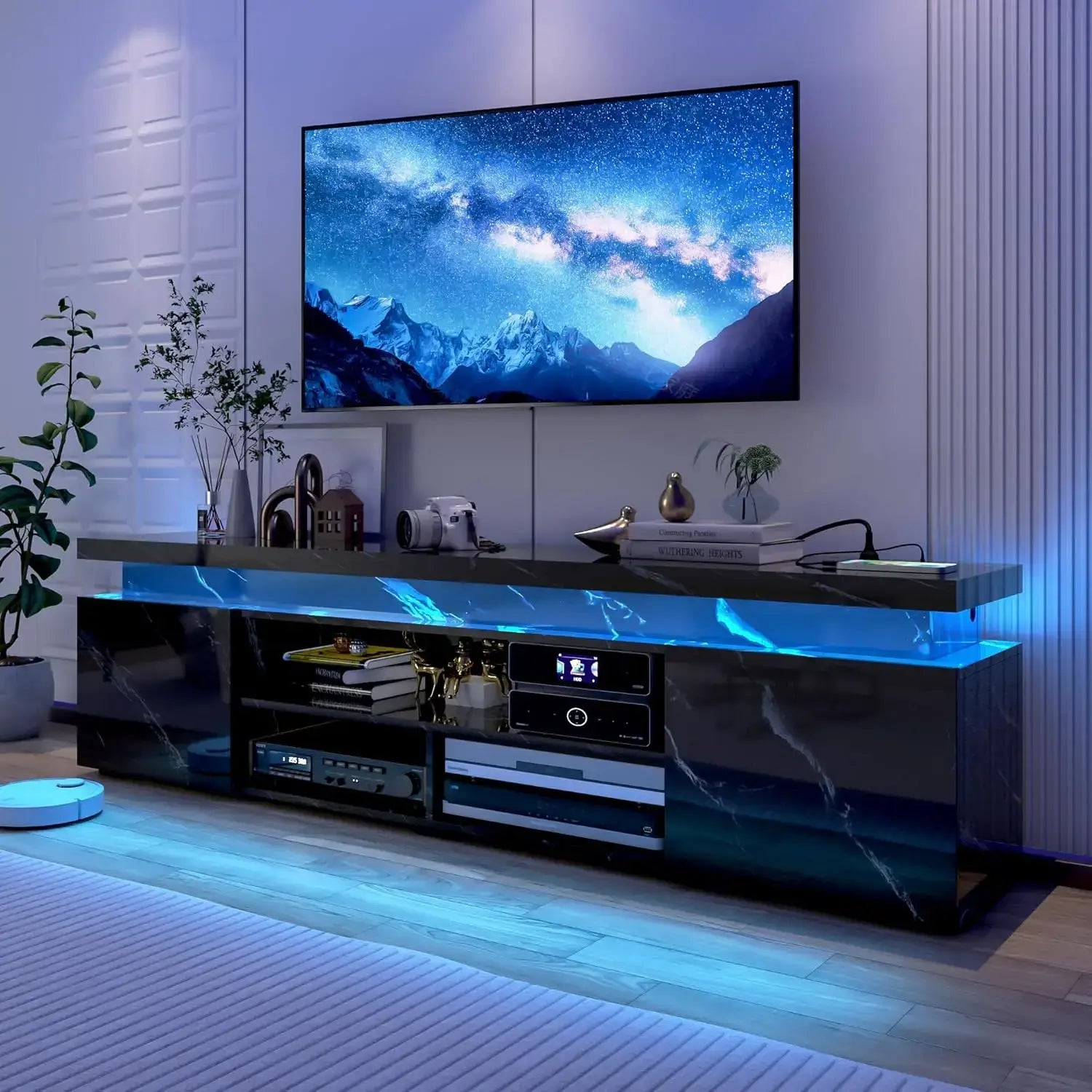 LED TV Stand for 85 Inch TV, Modern TV Stand with Power Outlet, High Gloss TV Console Entertainment Center with, Customized in living room.