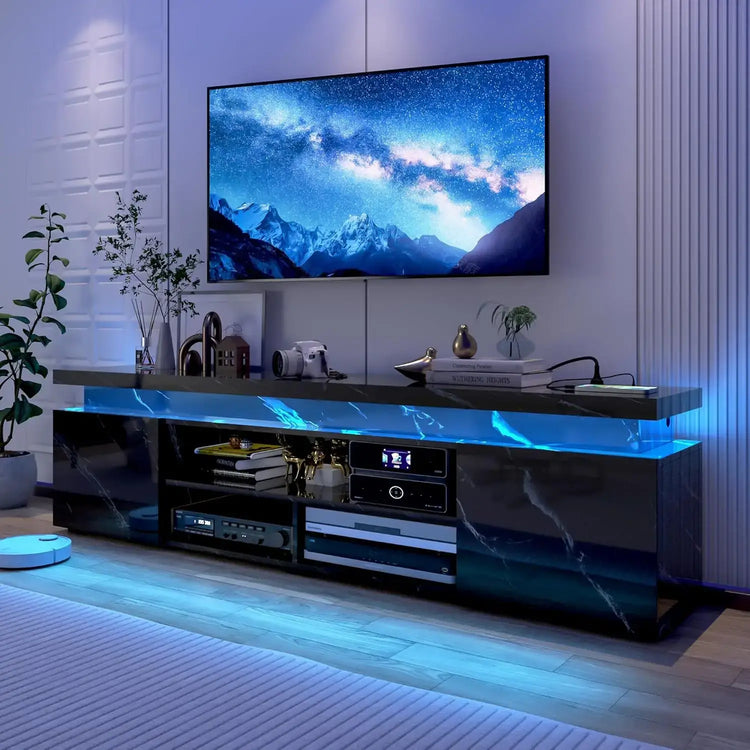 LED TV Stand for 85 Inch TV, Modern TV Stand with Power Outlet, High Gloss TV Console Entertainment Center with, Customized in living room.