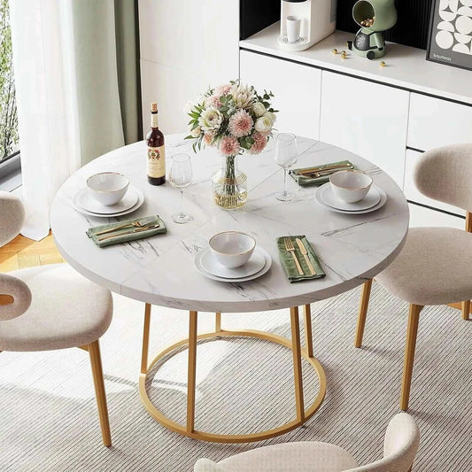 Round dining table 47.24-inch with wooden marble pattern top and gold base, seating 4 people