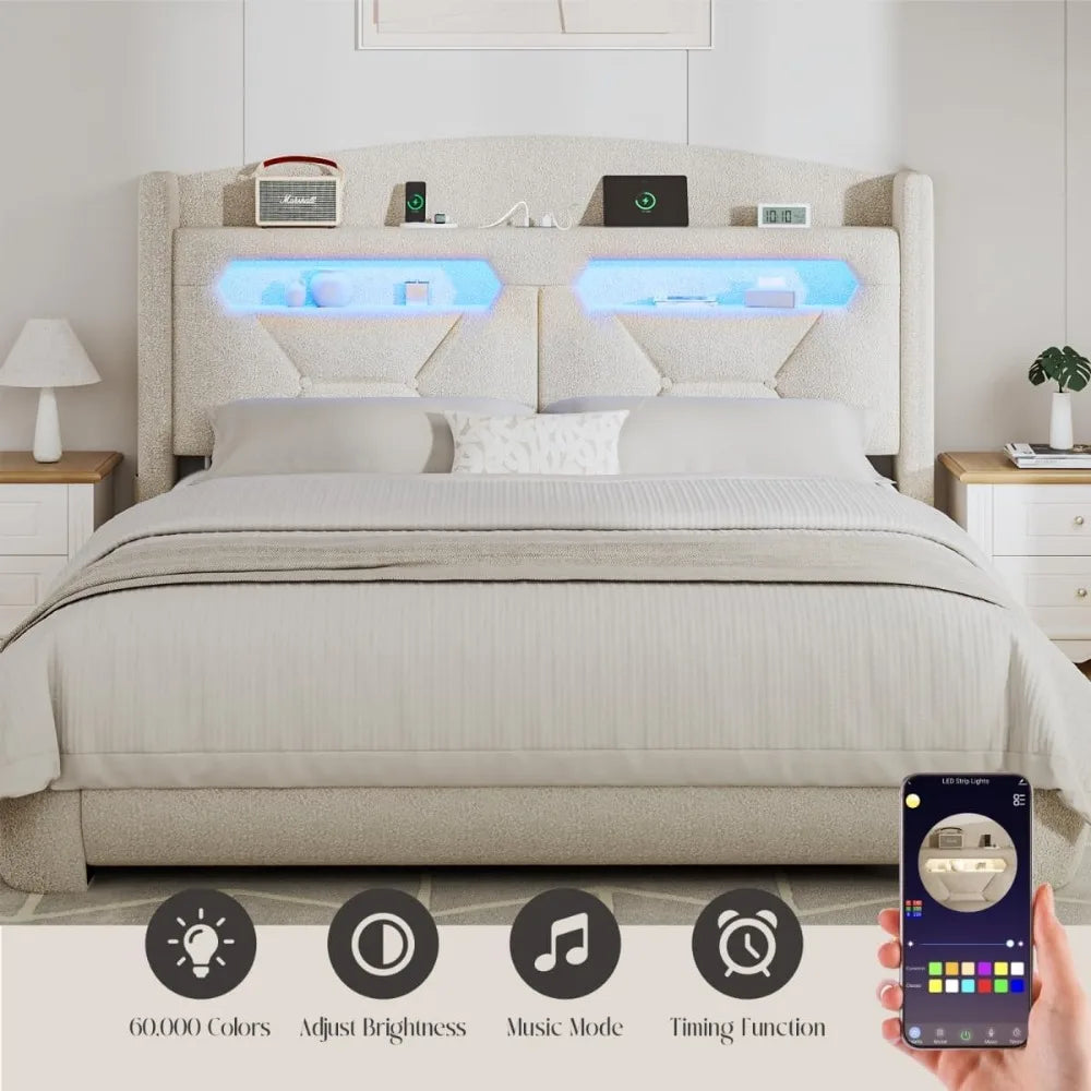 Boucle Bed Frame with Storage Headboard & LED Lighting, Upholstered Modern Platform Bed