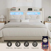 Boucle bed frame with storage headboard & LED lighting, upholstered, featuring a modern design and adjustable lighting.