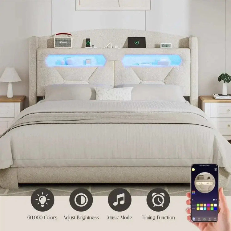 Boucle bed frame with storage headboard & LED lighting, upholstered, featuring a modern design and adjustable lighting.