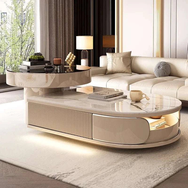 Modern living room with a stylish coffee table and beige sofa.