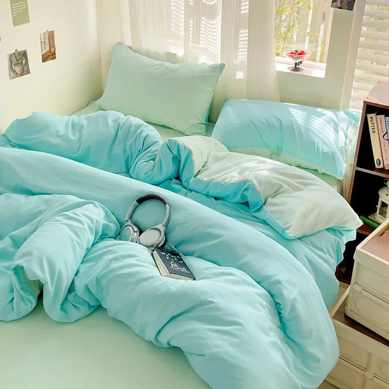 Solid Bed Linen Cotton Bedding Set 4pcs with Sheet Duvet Cover, Pillowcases.