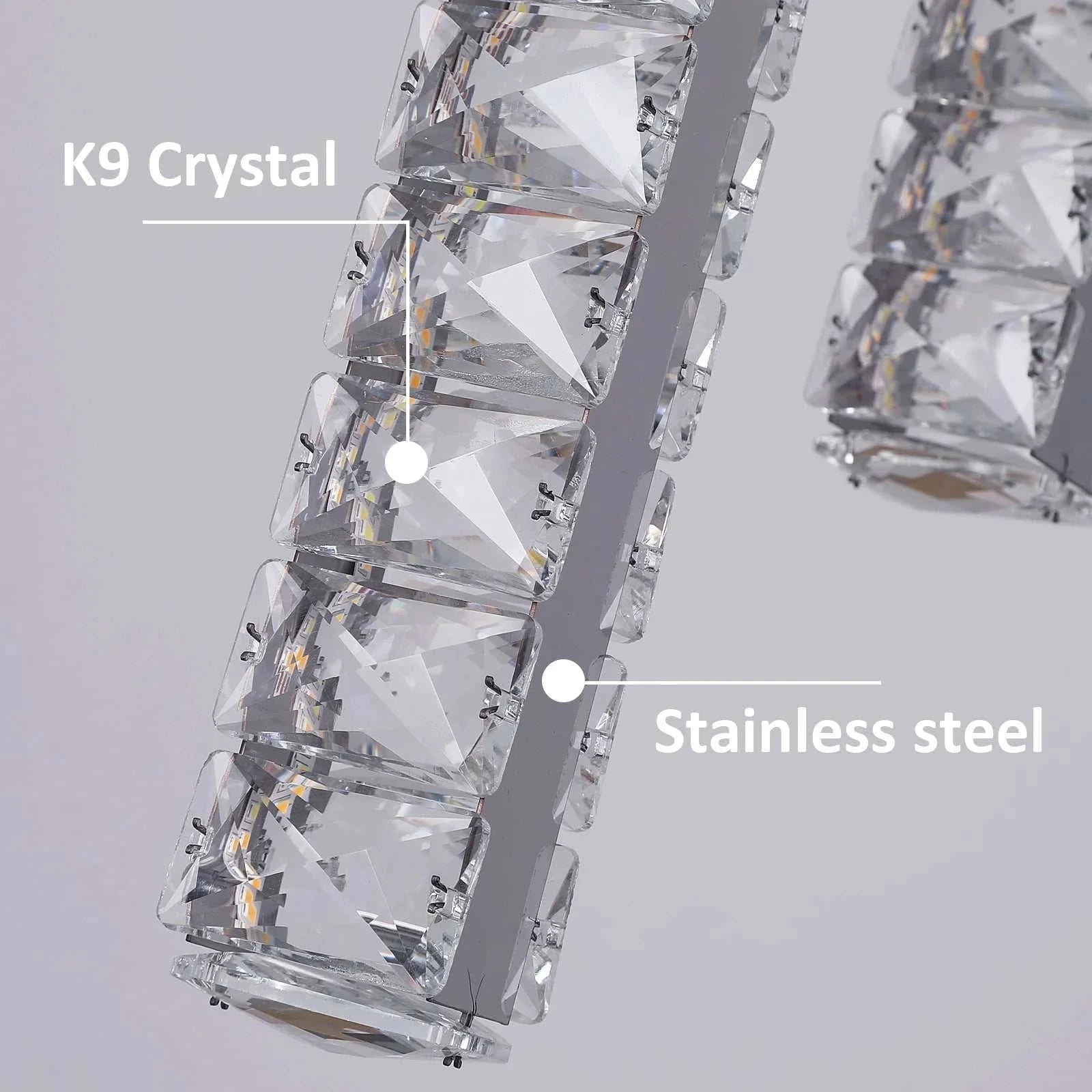 Close-up of VETRULUS Nordic K9 Crystal Led Chandelier showing K9 crystal and stainless steel elements