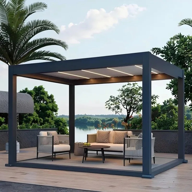 Custom aluminum pergola outdoor cover in a modern patio setting with seating and lush greenery.