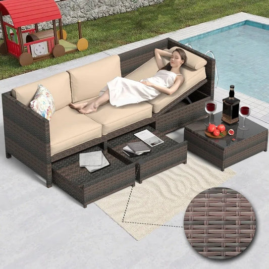 Woman relaxing on a patio sectional by a pool with a close-up of the wicker texture.