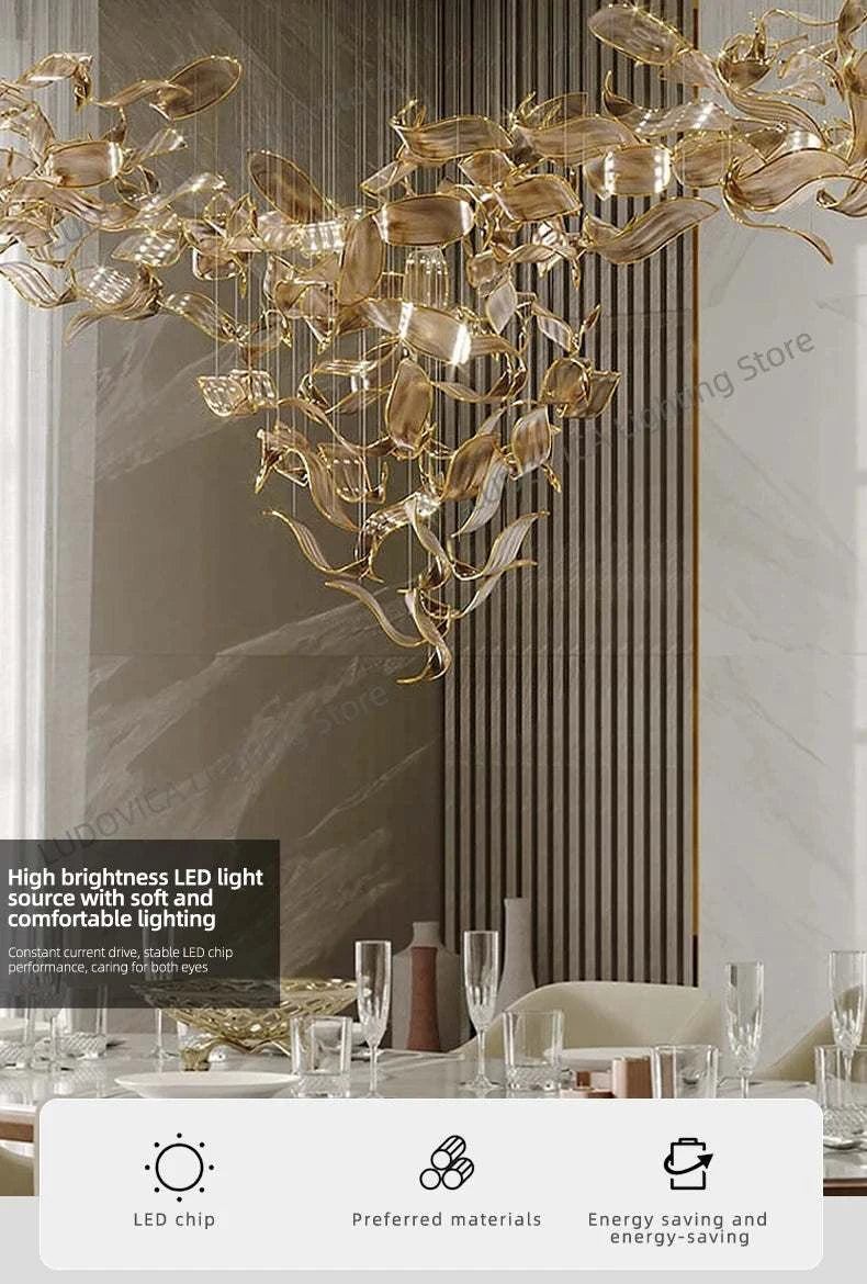 Luxury chandelier in a dining room setting with text highlighting features.