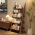 Wooden ladder shelf with books and decor in a room with a TV and desk.