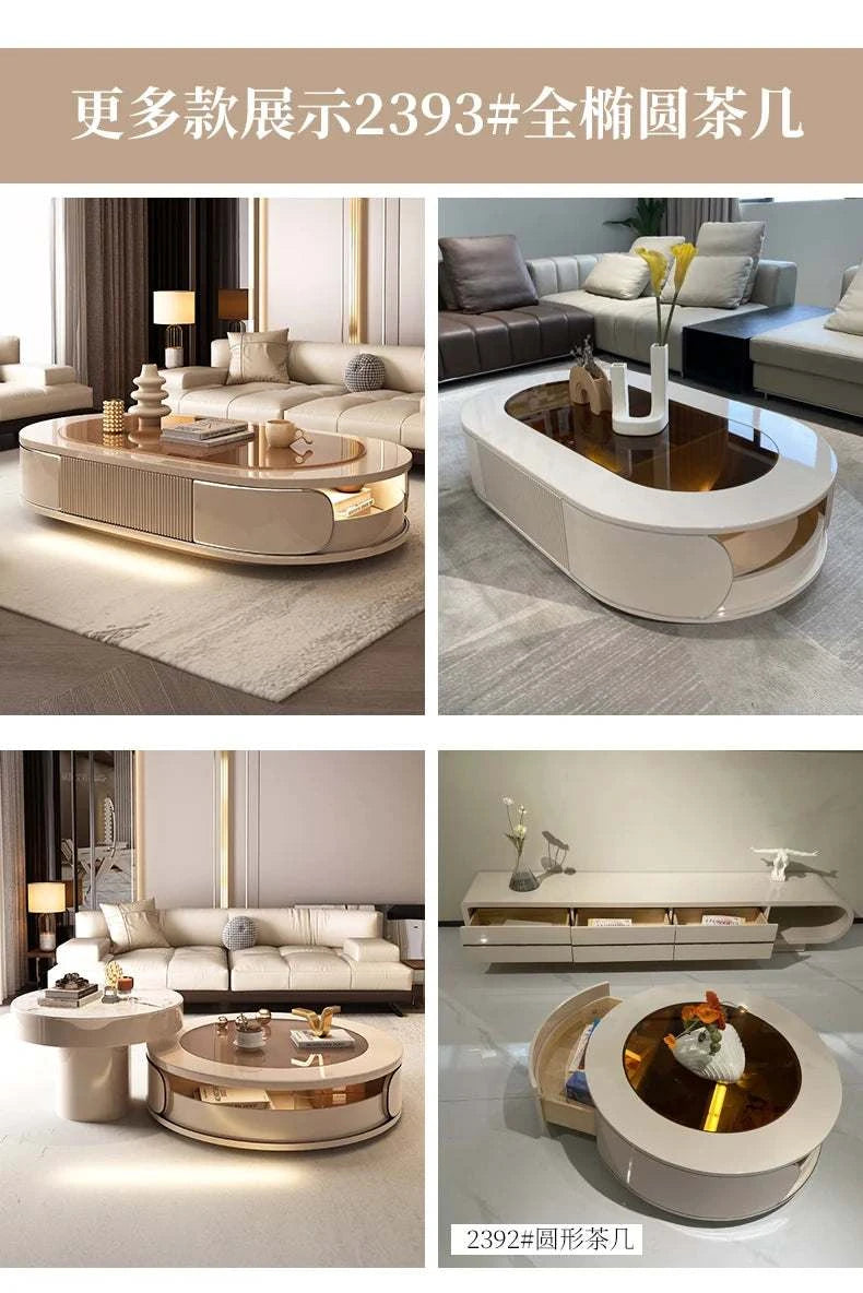 Collage of a modern coffee table in different settings with furniture.