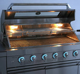 stainless steel outdoor kitchen on wheels with grill and illuminated burners