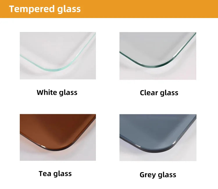 Four types of tempered glass: white, clear, tea, and gray, on a white background.