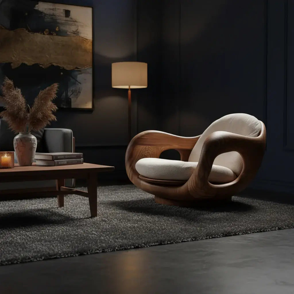 Italian minimalist recliner chair in a stylish living room setting with artistic decor and warm lighting.