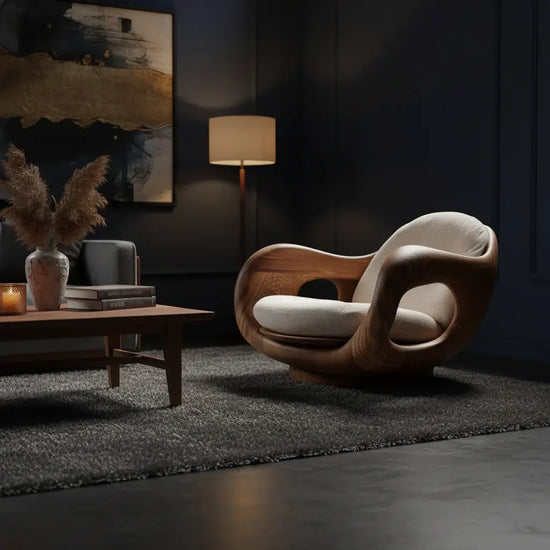 Italian minimalist recliner chair in a stylish living room setting with artistic decor and warm lighting.