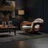 Italian minimalist recliner chair in a stylish living room setting with artistic decor and warm lighting.