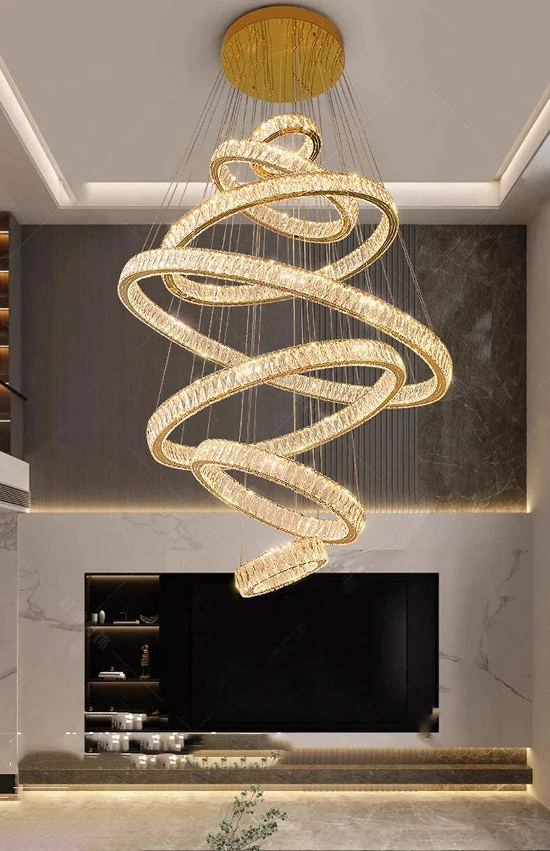 Elegant hall chandelier with soft LED lighting and contemporary spiral design for indoor staircases and modern interiors