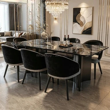 Italian Marble Dining Set featuring a luxurious rectangular table with stylish black chairs in an elegant dining space.