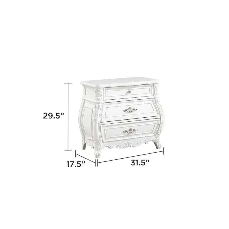 White dresser with dimensions labeled on a white background