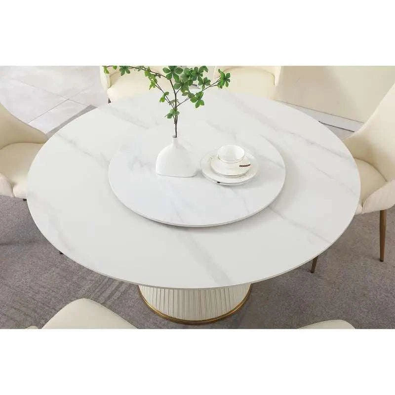 Modern Sintered Stone Dining Table Set Round Turntable and 8 Chairs