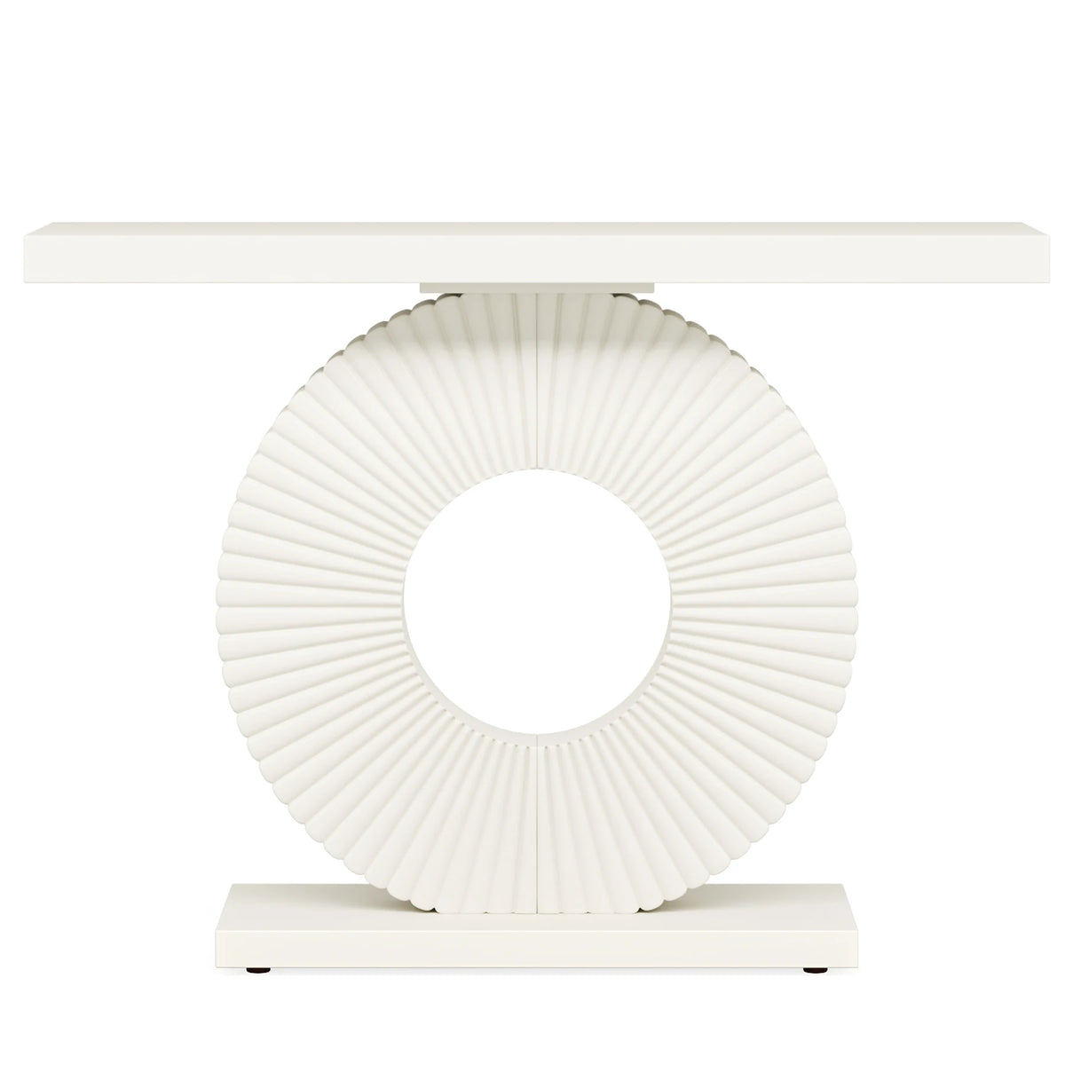40" Geometric Console Table with Sculptural Base in white, featuring a circular fluted ring design and minimalist rectangular top.