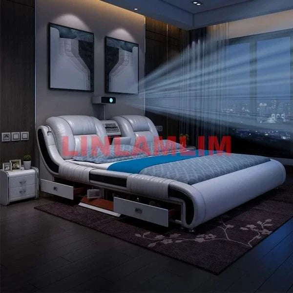 Modern genuine leather bed with massage, Bluetooth, air cleaner, and projector features in luxury bedroom setting