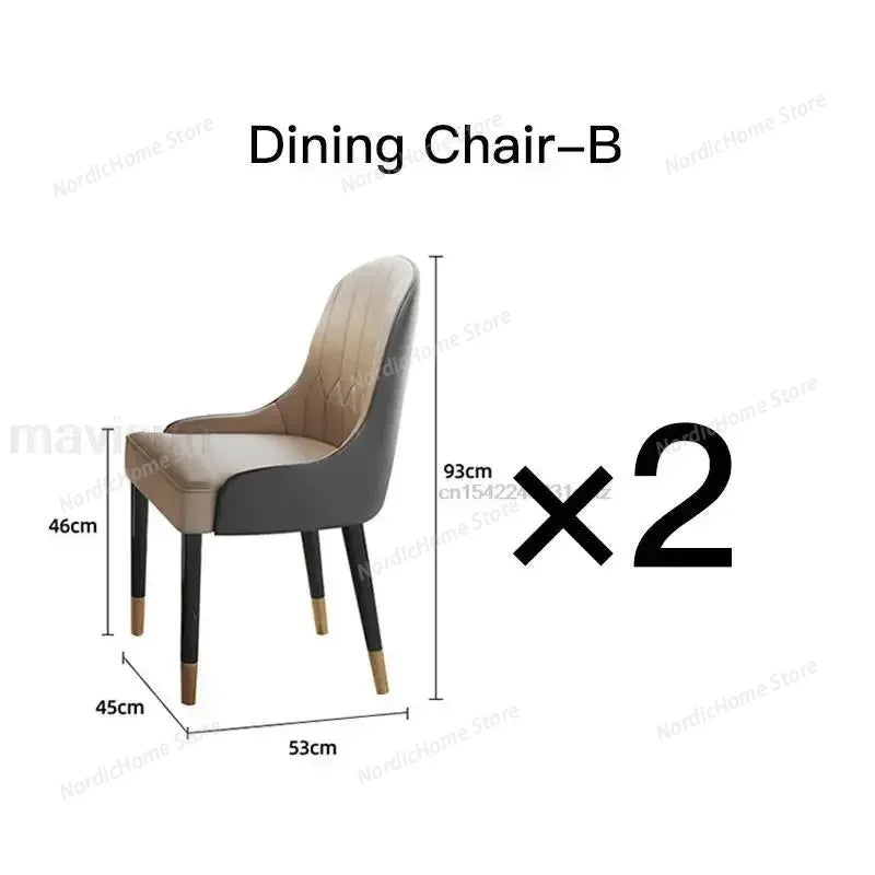 Modern marble glass dining table set featuring elegant dining chair B with measurements.