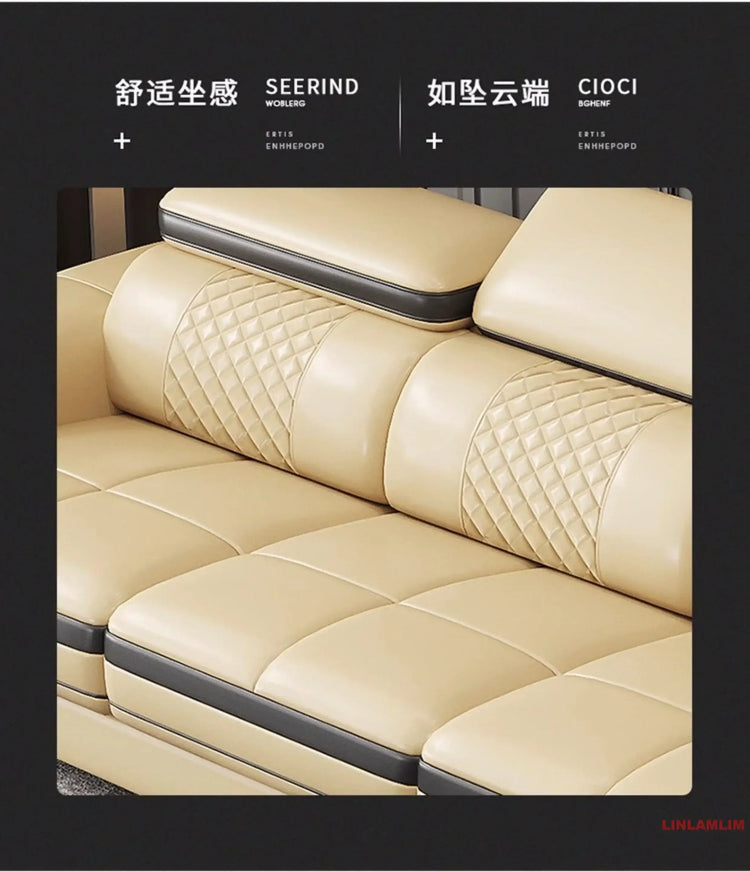 Luxury Genuine Leather Sectional Sofa Set, Modern L-Shaped Recliner Couch with Massage Chaise Lounge, Cup Holder, USB & Speakers.