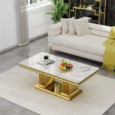 Stylish white faux marble coffee table set with gold accents, enhancing modern living room space.
