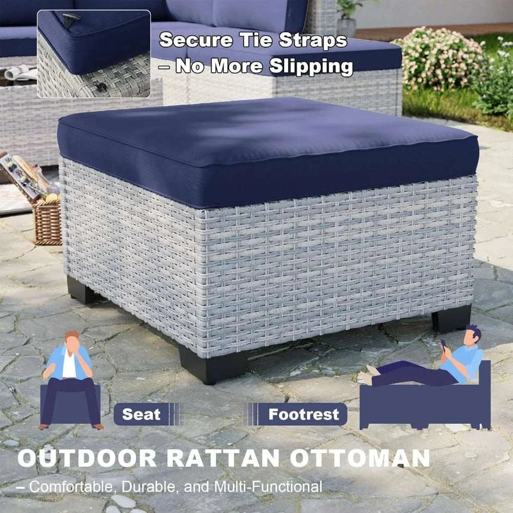 Outdoor rattan ottoman with blue cushion on a patio, featuring text about secure tie straps and multi-functional use.