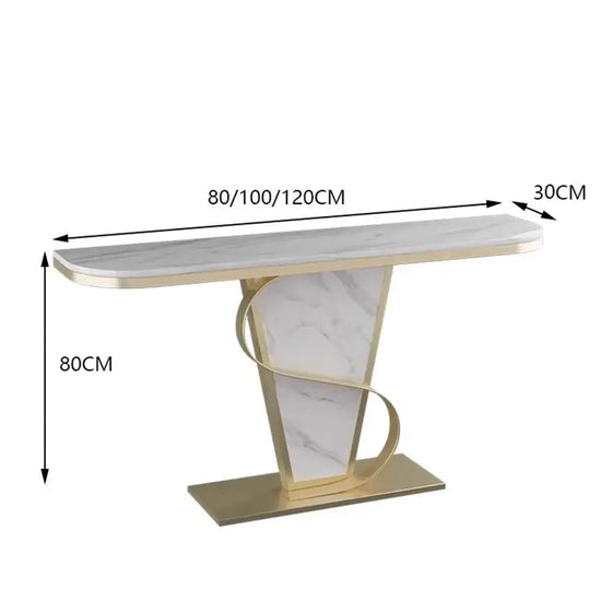 Console table with marble design and dimensions on a white background