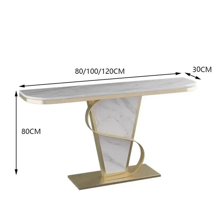 Console table with marble design and dimensions on a white background