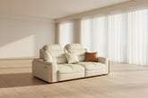 Premium Italian genuine leather sectional sofa with USB and Bluetooth in a minimalist living room.