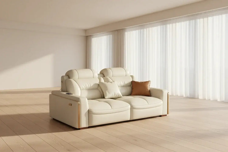 Premium Italian genuine leather sectional sofa with USB and Bluetooth in a minimalist living room.