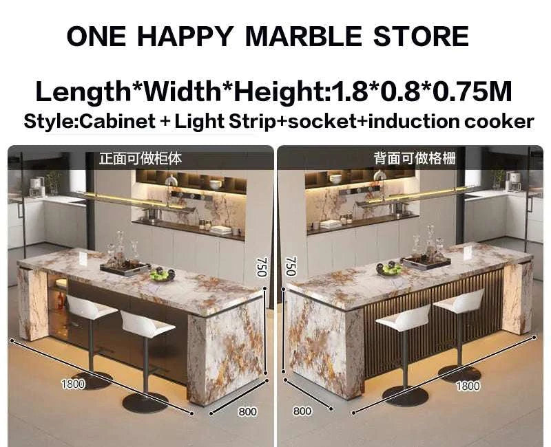 Marble kitchen island with dimensions and product details displayed.