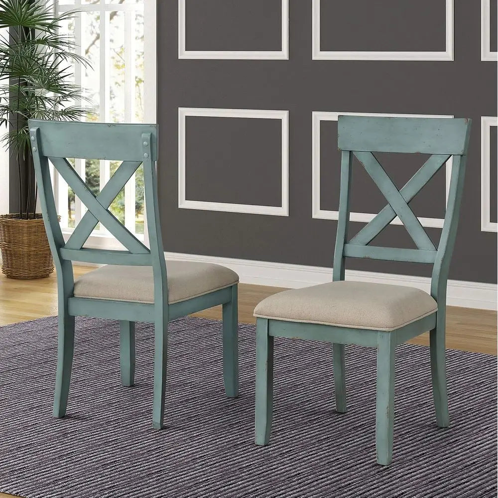 Farmhouse dining set antique blue chairs with beige seats in a stylish dining room setting.
