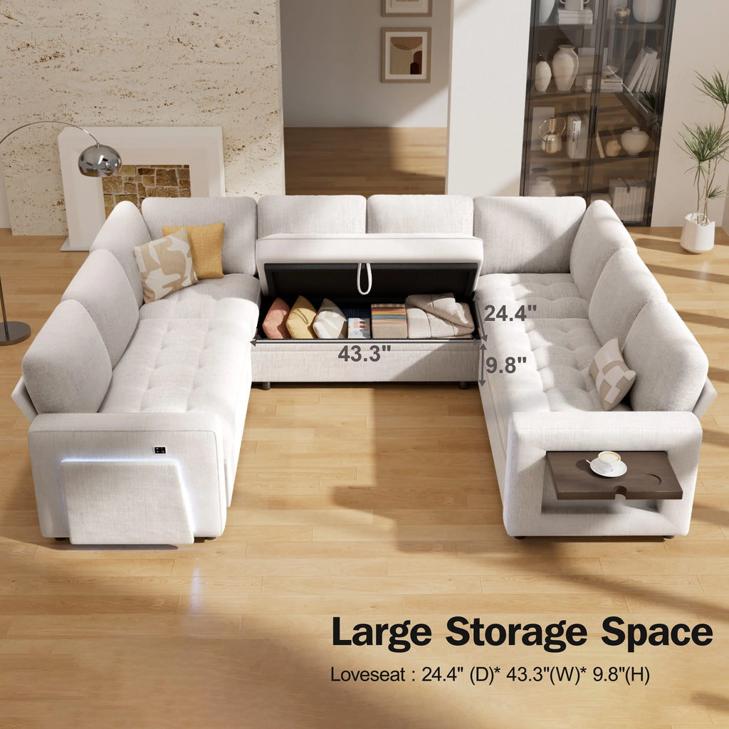 Hcore Large U-Shaped Modular Sectional (8-Seat) - Pull Out Bed Sleeper, Reclining Backrest, USB Ports, LED Light, Storage Seat - view 7