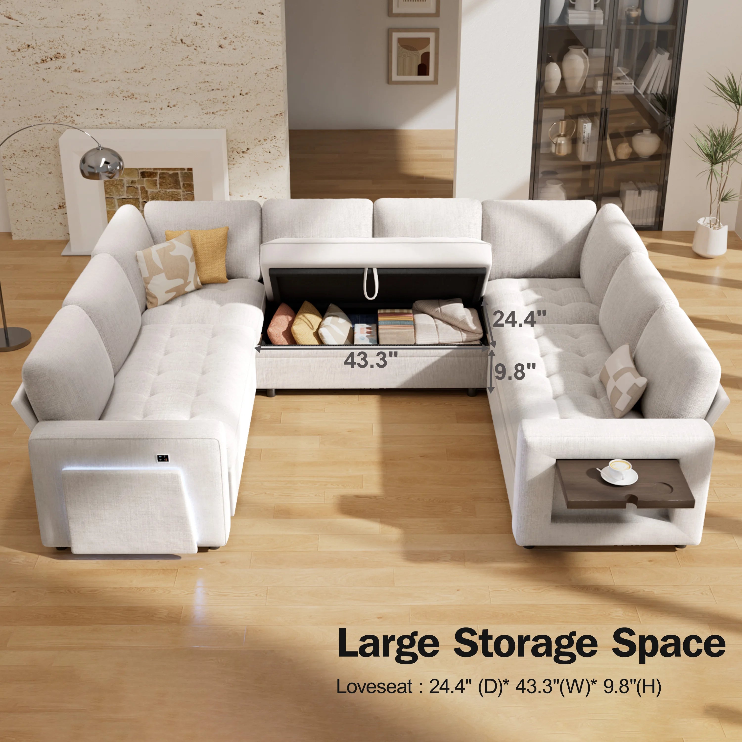 Hcore Large U-Shaped Modular Sectional (8-Seat) - Pull Out Bed Sleeper, Reclining Backrest, USB Ports, LED Light, Storage Seat - view 7