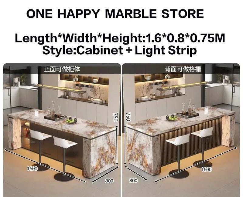 Marble countertop with cabinet and light strip design, showing dimensions and usage scenarios.
