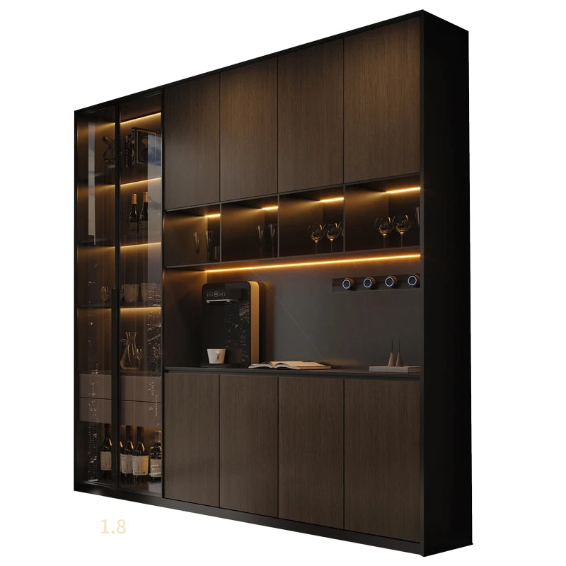 Modern dark wood kitchen cabinet with embedded lights and wine storage.
