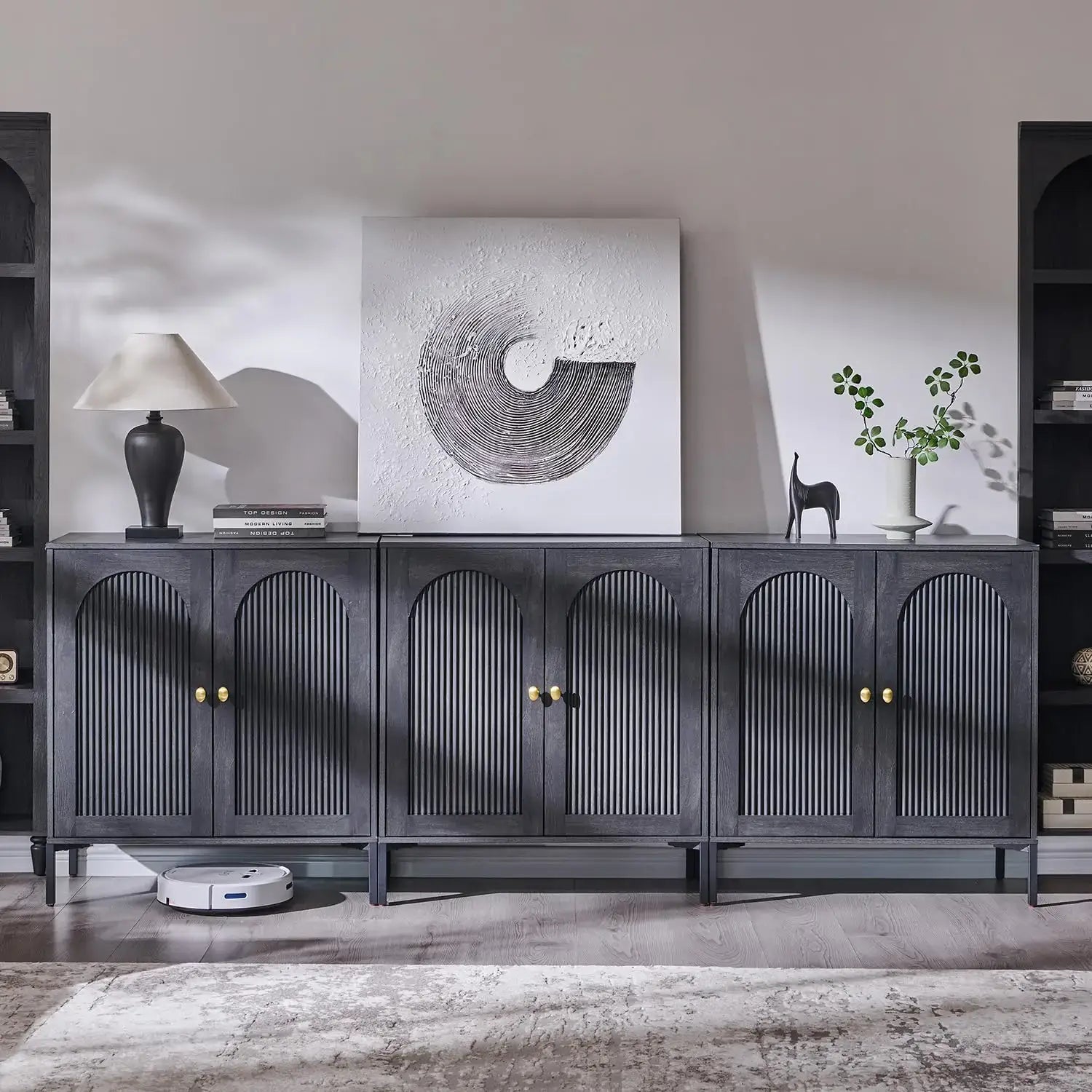 Modern Buffet Cabinet with Storage, 92.63" W Fluted Arched Sideboard Cabinet w/Adjustable Shelves, Wooden Modular, Customized