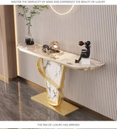 Modern console table with marble design against a striped wall.