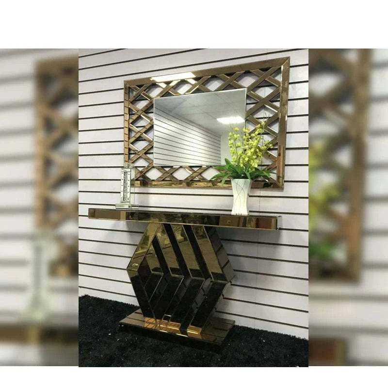Decorative console table with mirror and vase against a striped wall.