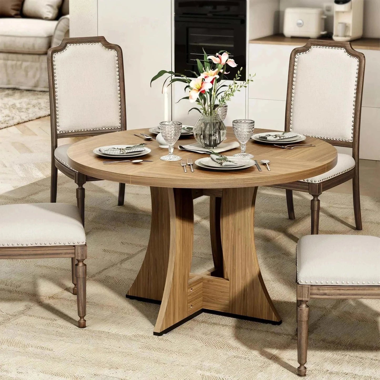 Round dining table 47.24-inch wooden marble pattern with gold base for 4 people