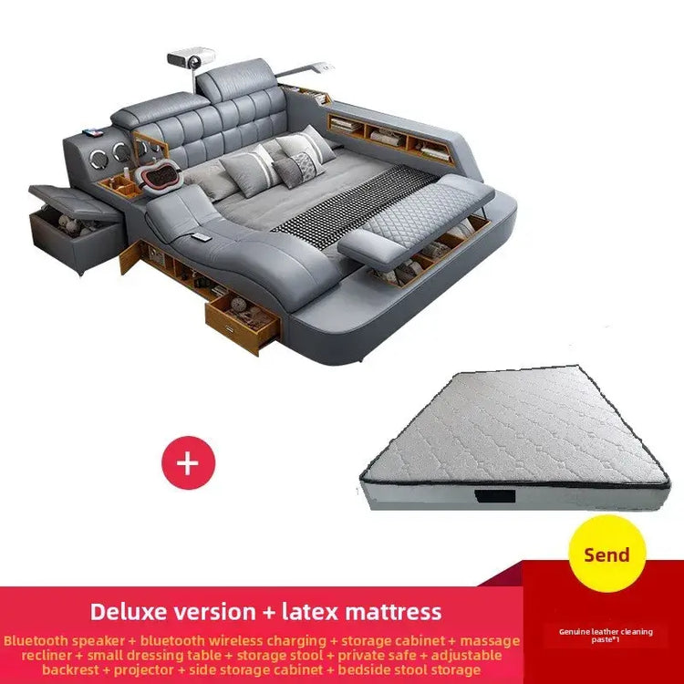 Smart Massage Storage Bed Multifunction Leather Bed Frame King Size Smart Bed With Projector Bluetooth Modern Bedroom Furniture