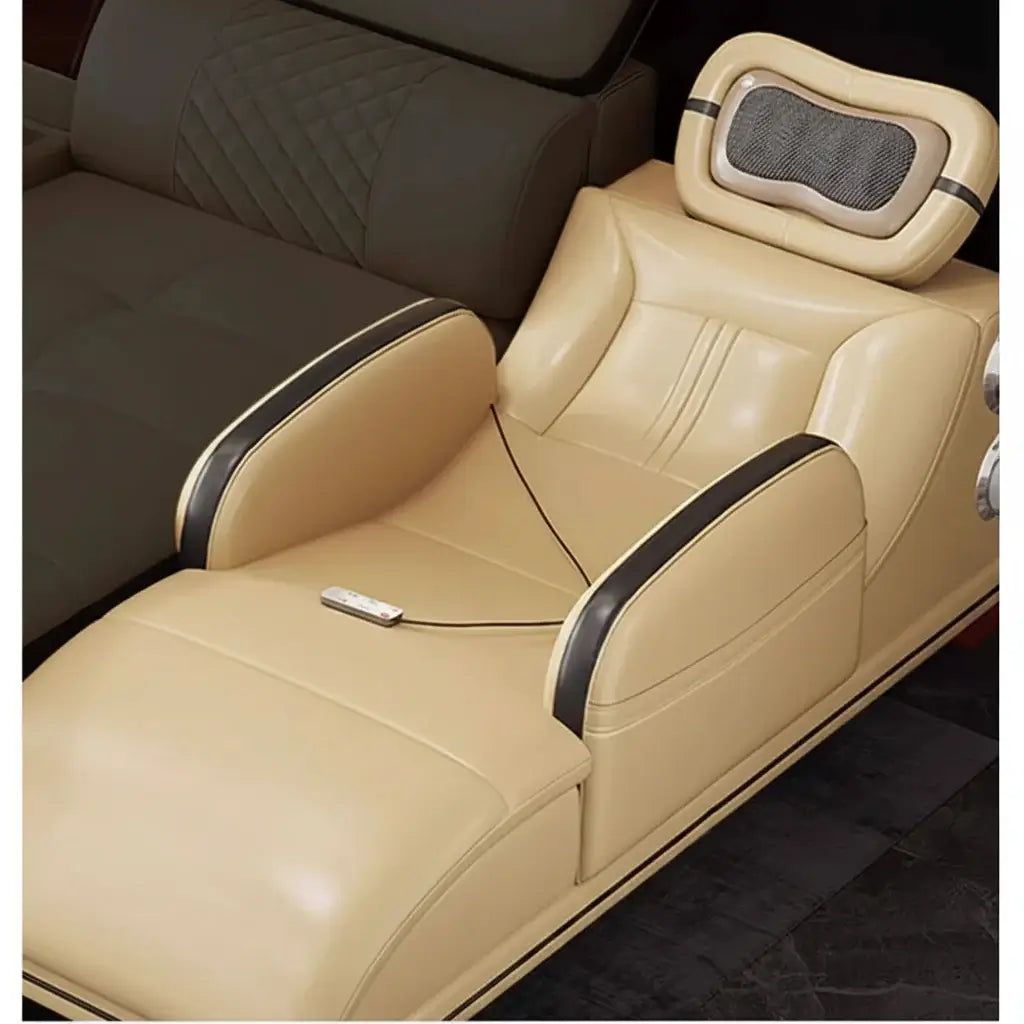 Luxury genuine leather sectional sofa with massage chaise and modern design features.