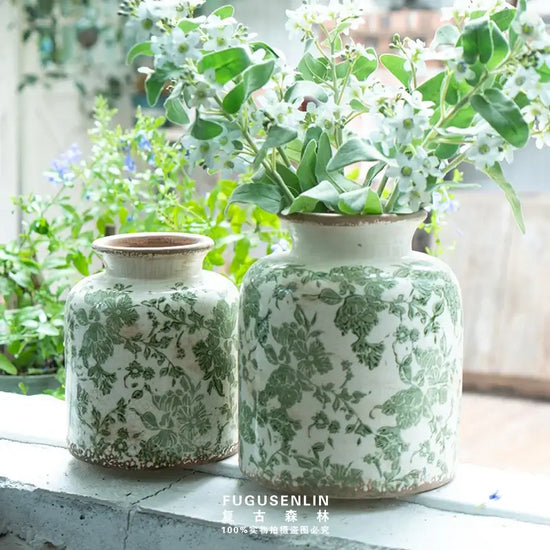 Vintage Forest Made Old Ice Cracking Glaze Green Leaf Pattern Vase Classical Ceramic Vase Decoration Water Culture Home Desktop