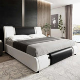 Modern faux leather upholstered platform bed frame with curved headboard in black and white finish